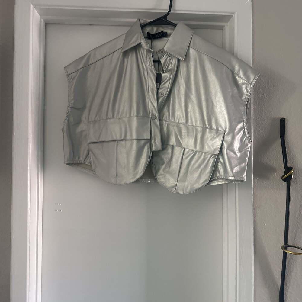 Metallic Silver Faux Leather Cropped Jacket